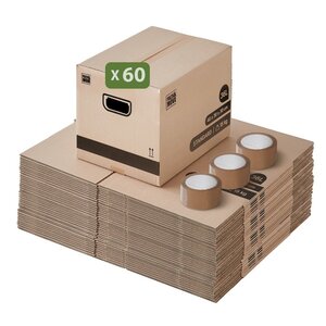Pack and Move - Lot 60 cartons déménagement stockage livres - 40 x 30 x 30 cm - Poignées renforcées - 3 adhésifs offerts