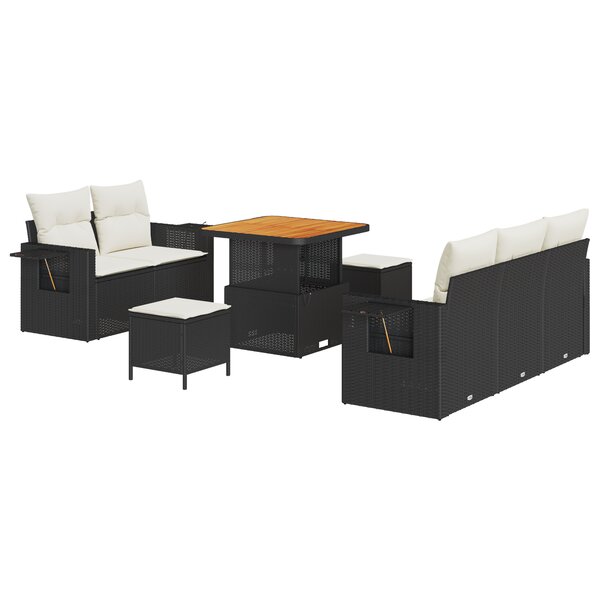 Set de Canapé de Jardin 8 Pièces avec Coussins Noir Poly Rattan Acacia