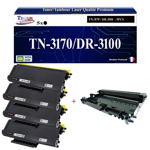 Kit Tambour + 4 Toners compatibles avec Brother TN3170  DR3100 pour  Brother HL-5240  HL-5240L  HL-5250DN  HL-5270DN  HL-5280DW Noir