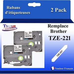 2x Rubans d'étiqueteuses compatibles avec Brother Tze221  Tze-221 pour étiqueteuses P-touch - Texte noir sur fond blanc - Largeur 9 mm x 8 mètres - T3AZUR