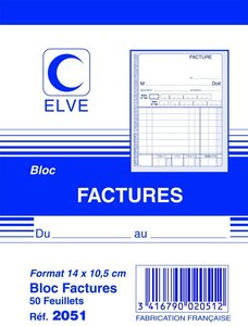 Bloc factures 50 feuillets simples 105 x 140 mm ELVE