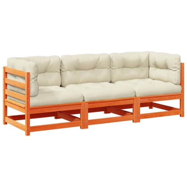 vidaXL Salon de jardin 3 Pièces avec coussins cire marron bois pin massif
