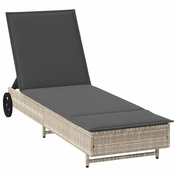 vidaXL Chaise longue avec roues et coussins gris clair résine tressée