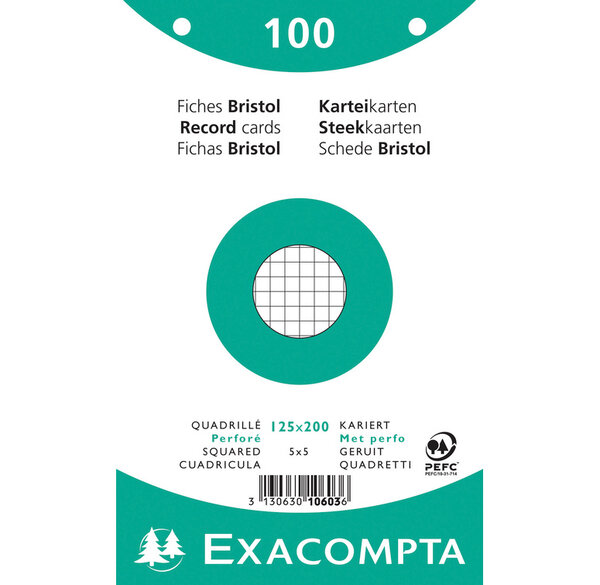 Paquet de 100 Fiches BRIST.BLC 125/200 5X5 PERF S/FILM EXACOMPTA