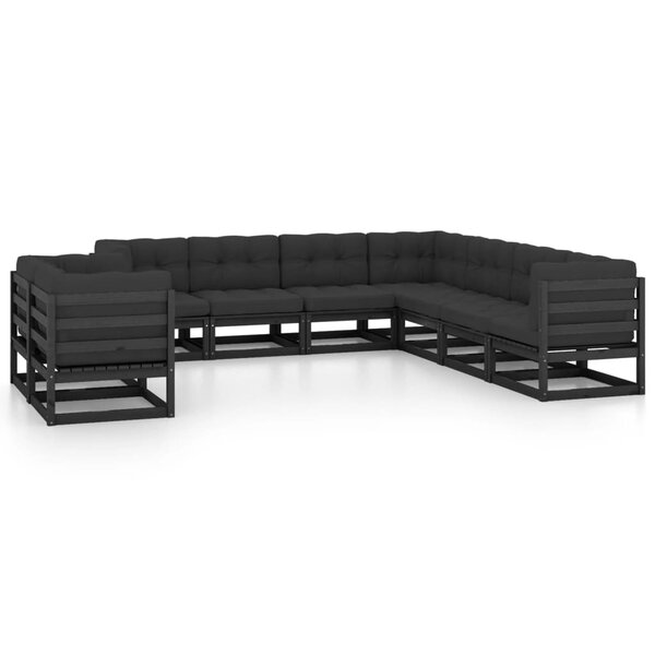 vidaXL Salon de jardin 9 Pièces avec coussins noir bois de pin massif