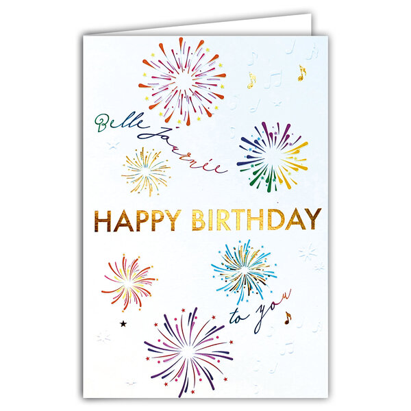 69-3113 Carte Happy Birthday to you Belle Journée Feu d'Artifice peint à l'Aquarelle Notes de Musique - Finitions Dorure Or Doré + Gaufrage en Relief +1 Enveloppe Format 12x17cm - Fabriqué en Europe