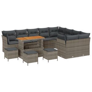 Canapé de jardin 13 pièces avec coussins gris en rotin poly acacia