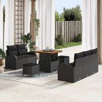 Ensemble de Canapé de Jardin de 8 Pièces avec Coussins Noir Rotin Poly Acacia