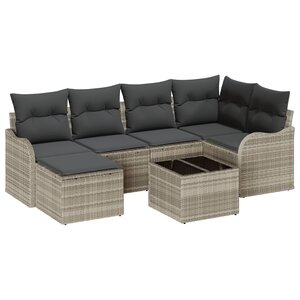 Ensemble de Canapé de Jardin 7 Pièces avec Coussins en Gris Poly Rattan