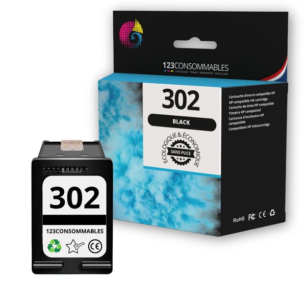 123CONSOMMABLES - 302 - Cartouche d'encre compatible avec HP 302 Noir Cartouche Encre pour OfficeJet 3831 3833 3830  DeskJet 3630 2130 3632  Envy 4520 4525 4527 (sans puce)
