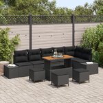 Ensemble de Sofa de Jardin de 10 Pièces avec Coussins Noir Poly Rattan Acacia