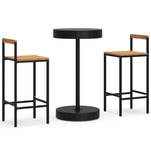 vidaXL Ensemble de bar jardin 3 Pièces noir poly rotin/bois massif acacia