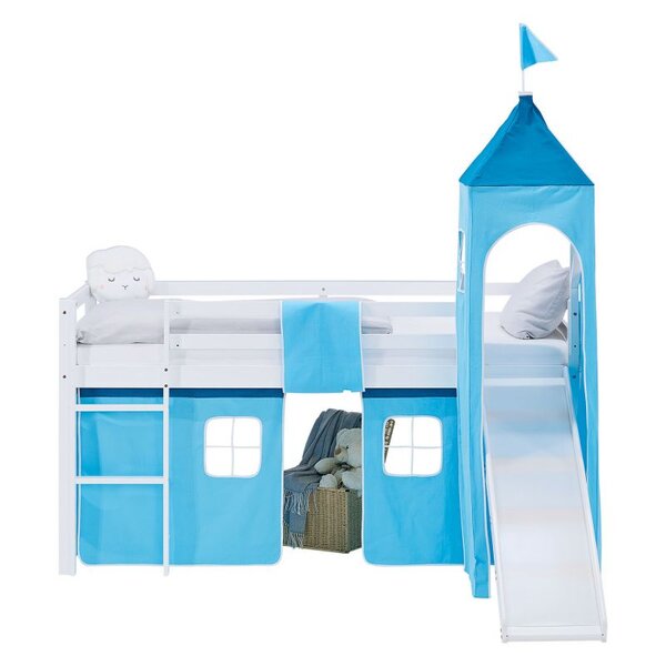 Lit mezzanine 90x200cm toboggan  sommier  tour et rideau pin bleu