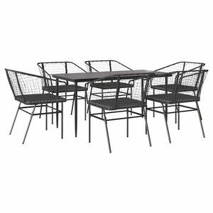 vidaXL Ensemble à manger de jardin coussins 7Pièces noir poly rotin verre