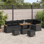 Ensemble de canapé de jardin 9 pièces avec coussins en poly rattan noir et acacia