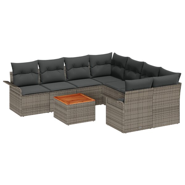 vidaXL Set de Canapé de Jardin 9 Pièces avec Coussins Gris Poly Rattan Acacia