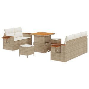 Set de Canapé de Jardin 8 Pièces avec Coussins Beige Poly Rattan Acacia