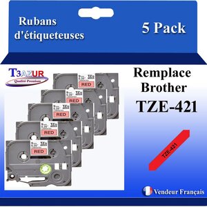 5x  Rubans d'étiqueteuses compatibles avec Brother Tze421  Tze-421 pour étiqueteuses P-touch - Texte noir sur fond rouge - Largeur 9 mm x 8 mètres - T3AZUR