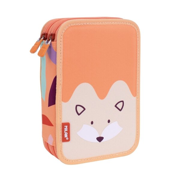 Trousse à crayons Milan Fun Animals à 2 niveaux avec 2 gommes  un taille-crayon  un crayon  un stylo capsule  une règle  12 crayons de couleur et 18 marqueurs - Orange/Beige