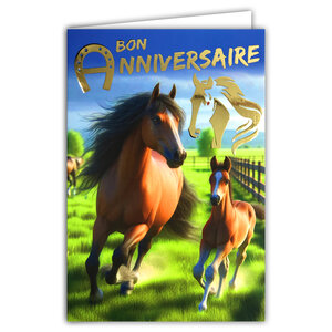 67-1277 Carte Bon ANNIVERSAIRE Tête de Cheval en Or Doré Brillant et Enveloppe 12x17 5cm Fer à Cheval Porte-Bonheur Jument et son Poulain Galopant Pré Prairie Pâture équitation club hippique Poney