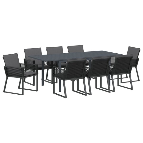 Ensemble de salle à manger de jardin 9 pièces avec coussins noir poly rotin
