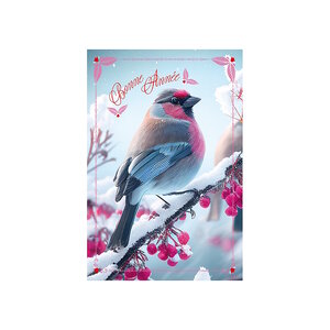 Carte De Voeux - Bonne Année Rouge Gorge Rose Décor Pailleté
