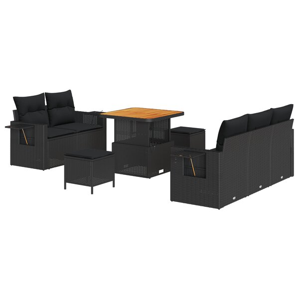 Set de Salon de Jardin en 8 Pièces avec Coussins Noir Poly Rotin Acacia