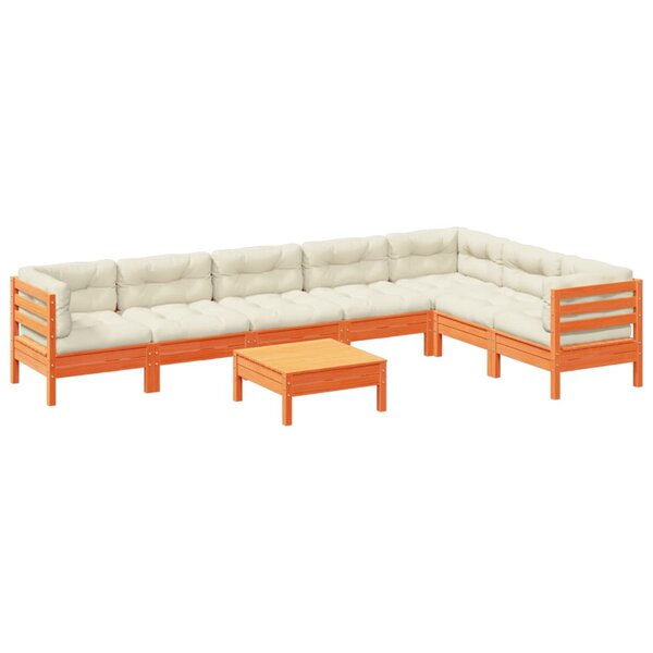 vidaXL Salon de jardin 8 Pièces avec coussins marron cire bois pin massif