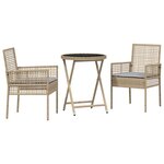 Ensemble Bistro de Jardin 3 Pièces avec Coussins Beige en Poly Rattan
