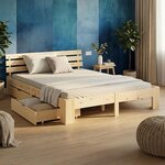 Lit en Bois 160x200 cm Naturel - Lit Double avec 2 Tiroirs de Rangement et avec Matelas - Massif