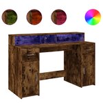 Bureau table poste de travail meuble d'ordinateur informatique étude et lumières LED chêne fumé 140 x 55 x 91cm bois d'ingénierie brun 02_0023784