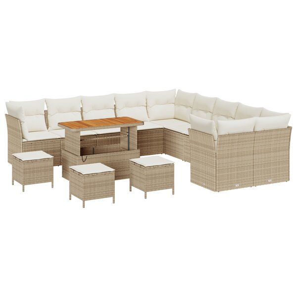 Ensemble de canapés de jardin 14 pièces avec coussins Beige Poly Rattan Acacia