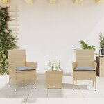 vidaXL Ensemble de bistro avec coussins 3 Pièces beige rotin et verre