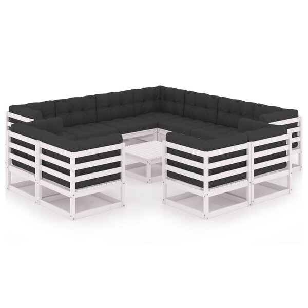 vidaXL Salon de jardin 12 Pièces avec coussins Blanc Bois de pin massif
