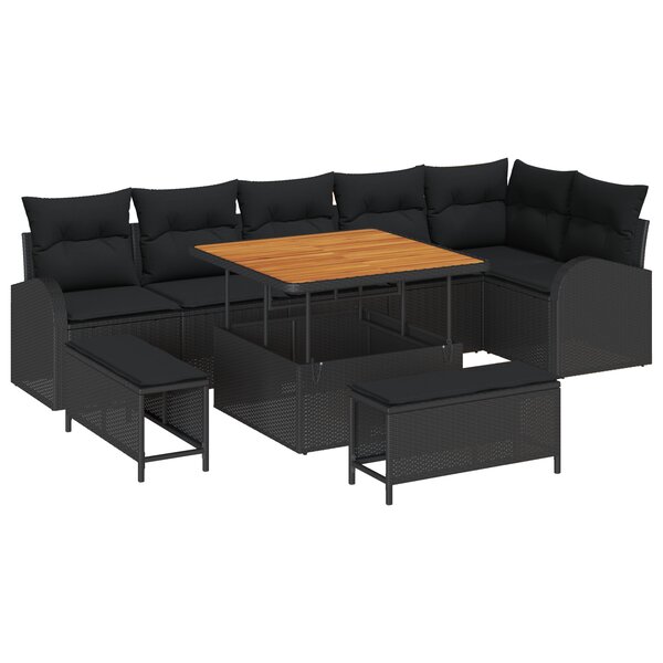 Ensemble de salon de jardin 9 pièces avec coussins Noir Poly Rattan Acacia