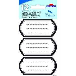 12 étiquettes adhésives scolaires - Ovale Vintage - Noir