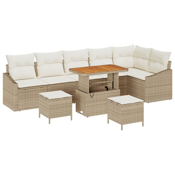 Ensemble de canapés de jardin vidaXL 9 pièces avec coussins beige Poly Rattan Acacia