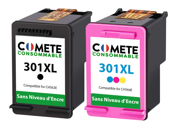 301XL - 2 cartouches d'encre compatibles pour HP 301 XL - sans affichage du niveau d'encre - COMETE