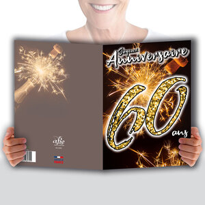 MAXI Grande Carte Géante XXL pour ANNIVERSAIRE 60 ANS Mixte H/F + Enveloppe format 32x23cm - Chiffres Nombre Doré Fêter Feu d'artifice Scintillant Bouchon de Champagne - Fabriqué en France MX-5060