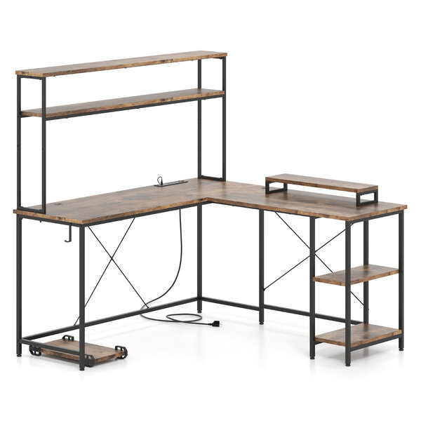 Bureau d'ordinateur en L 145 x 145 x 147 cm avec bande LED et prises de courant design scandinave en bois MDF marron 20_0010875