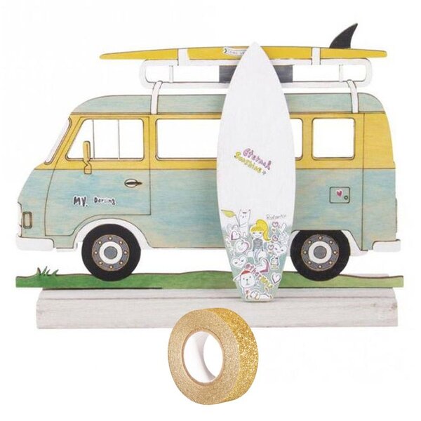 Silhouette bois à customiser 20 x 14 cm - Camping-car + masking tape doré à paillettes 5 m