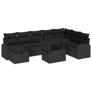 vidaXL Ensemble de canapé de jardin avec coussin 9 Pièces Noir Poly rotin