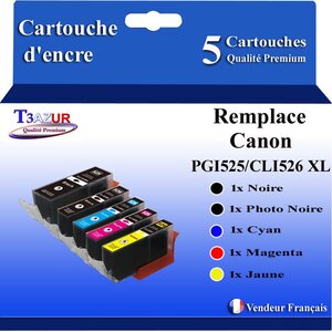 T3AZUR - 5x Cartouches compatibles avec Canon PGI525 CLI-525 XL pour Canon Pixma iP4850 iP4900 iP4950 iX6500 iX6550