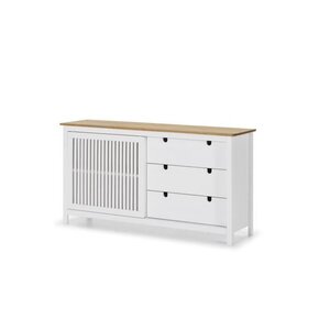 VALENTINA Buffet bas 1 porte 3 tiroirs - Décor chene et blanc - L 150 x P 40 x H 80 cm