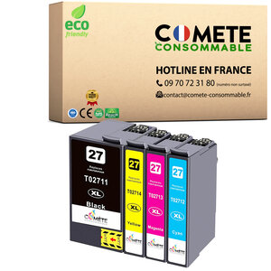 COMETE, Entreprise française - 27XL - 4 Cartouches d'encre Compatibles pour Epson 27 XL Réveil (T2711 T2712 T2713 T2714 T2715) pour EPSON Workforce WF3600 WF7600 (1 Noir + 1 Cyan + 1 Magenta + 1 Jaune)