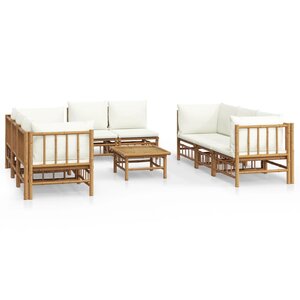 Salon de jardin meuble d'extérieur ensemble de mobilier 9 pièces avec coussins blanc crème bambou 02_0017904