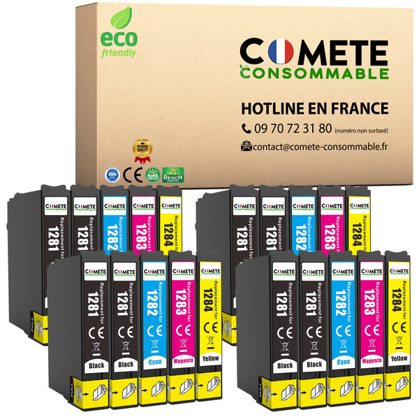 COMETE, Entreprise française - T1285-20 Cartouches d'encre Compatibles avec EPSON T1285 Renard (T1281 T1282 T1283 T1284) - pour Epson Stylus T22 Office SX125 SX130 (8 Noir 4 Cyan 4 Magenta 4 Jaune)