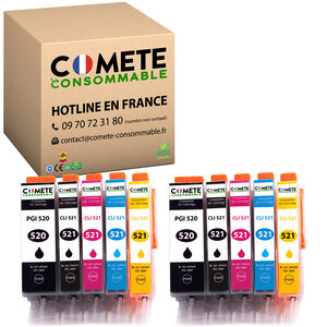 520XL 521XL - 10 cartouches compatibles pour Canon 520 XL 521 XL - COMETE