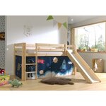 PINO Lit Compact avec Toboggan Pin Massif Nature  + Rideau en 4 parties Espace