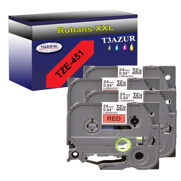 4 x Rubans pour étiquettes laminées générique Brother Tze-451 pour étiqueteuses P-touch - Texte noir sur fond rouge - T3AZUR